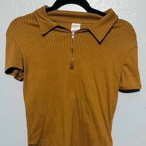 Brown Ribbed Zip-Up Women's Top